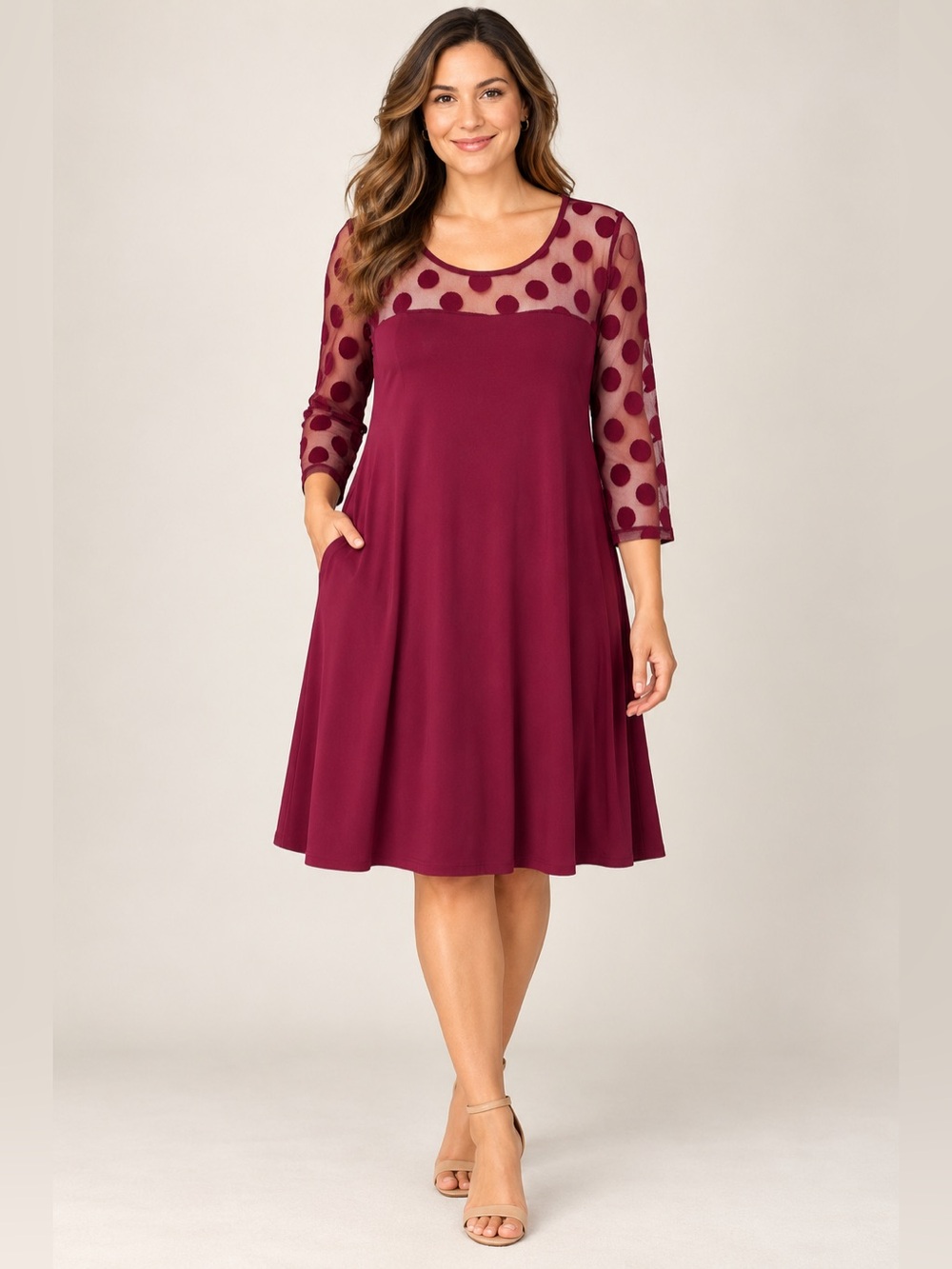 Nina Leonard Burgundy Polka Dot Mesh Swing Dress with Pockets Size M